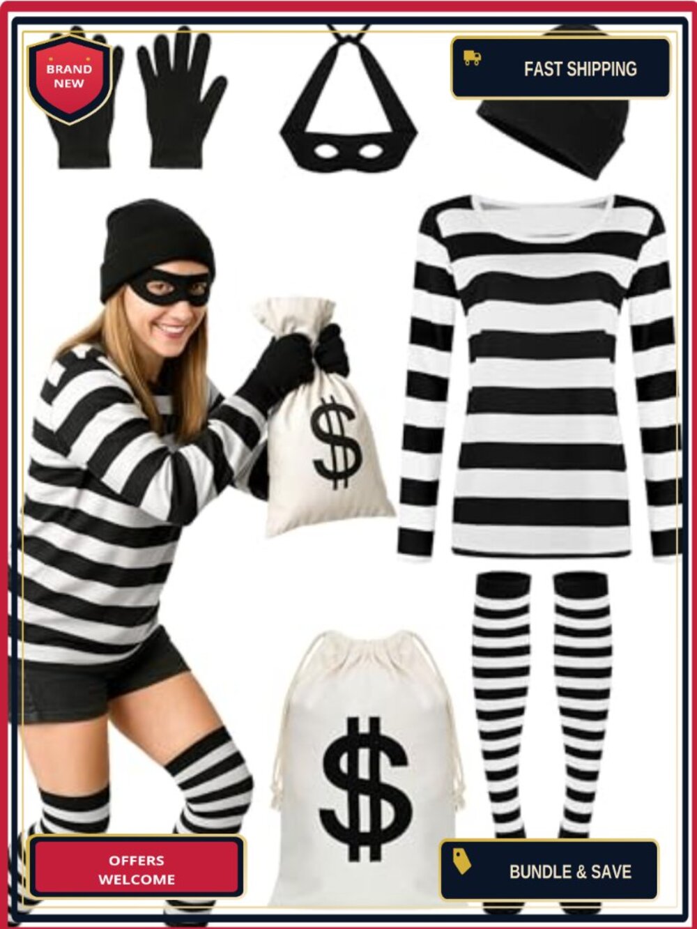 Women's Halloween Robber Thief Cosplay Costume Set Striped Shirt Mask Gloves